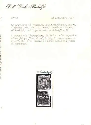 1924 Italien, Werbung Nr. 19, 1 Lira Columbia braun grün Übersee, postfrisch **