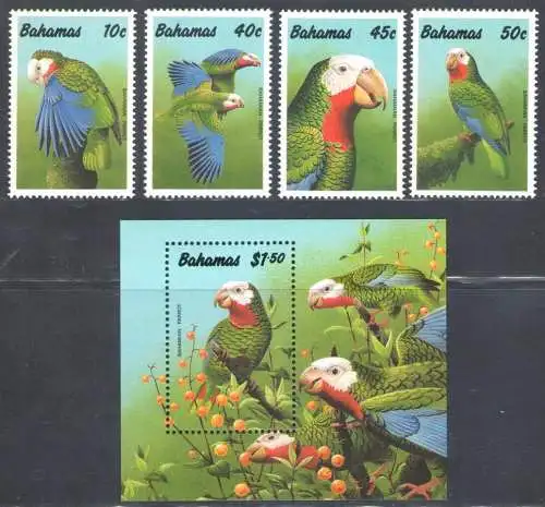 1990 BAHAMAS, Yvert Papageien #725/28 + Blatt 61, postfrisch **