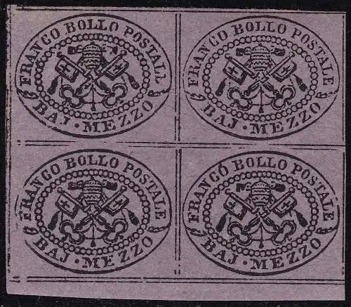 1852 Kirchenstaat, 1/2 Baj violett, Nr. 1A Sorte 'J unvollständig' MH*/MNH**