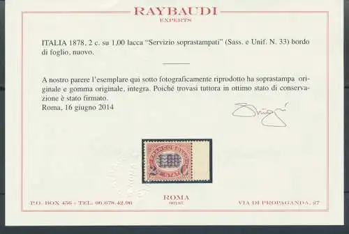 1878 Italien - Königreich, Nr. 33 - 2 Cent. auf 1 Lack, Service überdruckt, postfrisch**