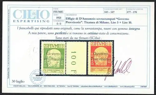 1921 Fluss, Abbild von D'Annunzio Aufdruck Provisorische Regierung # 177-78, postfrisch **