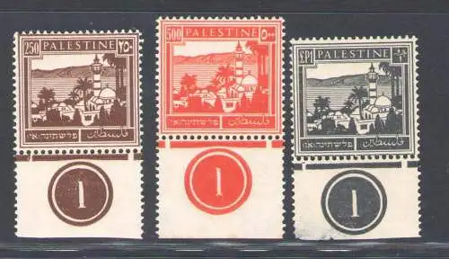 1932-44 Palästina, Stanley Gibbons Nr. 109-110-111 mit Tafelnummer - MNH **