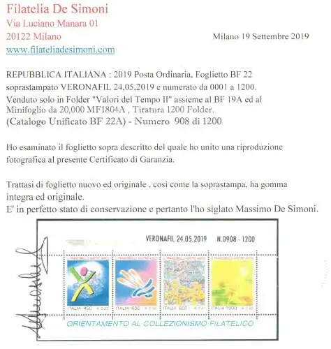 2019 Italien - Republik, Blatt BF 22A Briefmarke Unser Freund überdruckt Veronafil 24.05.2019 - Nr. 0908 von 1200 Zertifikat De Simoni MNH **