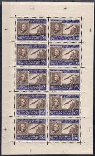 1947 SAN MARINO, Amerikanisches Kleinblatt, Nr. 15 - Signiert Enzo Diena - Wunderschön ohne Falten - MNH ** Zertifikat Cilio