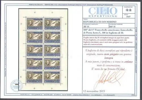 1947 SAN MARINO, Amerikanisches Kleinblatt, Nr. 15 - Signiert Enzo Diena - Wunderschön ohne Falten - MNH ** Zertifikat Cilio