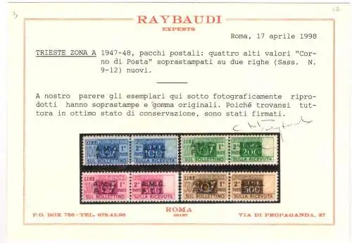 1947-48 TRIEST A - POSTPAKETE - Die komplette Serie Nr. 1/12 Raybaudi Zertifikat