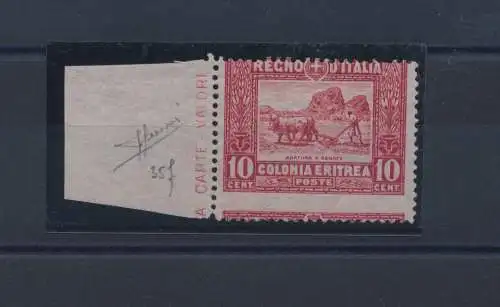 1910-14 ERITREA, Afrikanische Subjekte, 10 Cent rote stark nach oben verschobene Zahnung, Nr. 35cb, MNH ** Signiert Sorani