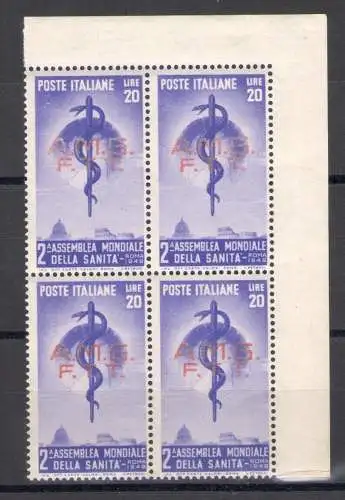 1949 TRIEST A - Nr. 46, Sanità, MNH ** Quartina Angolo di Foglio