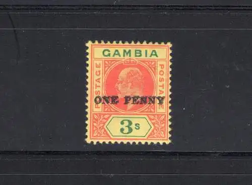 1906 GAMBIA, SG 70a - Yvert 53a, 3 Schilling Rot Grün und Gelb, Doppelaufdruck, Surch Double - MLH* - Rare