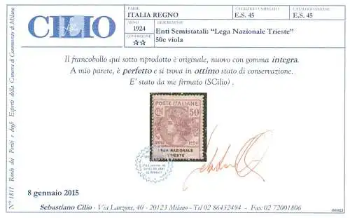 1924 Italien, halbstaatliche Körperschaften, Nr. 45, 50 Cent lila, Lega Nazionale di Trieste, 1 Wert, MNH ** - Zertifikat Cilio