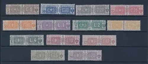 1914-22 Italien, Vittorio Emanuele III, Postpakete, komplette Serie 7/19, 13 Werte, Wappen und Ziffern - Knoten von Savoyen, postfrisch** - Zertifikat De Simoni