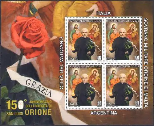 2022 Italien - Vatikan - Smom, 150 Jahre Geburt San Luigi Orione - 3 Zettel - Gemeinsame Ausgaben - MNH **