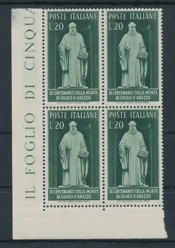 1950 Italien - Republik, Guido d'Arezzo - 1 Wert, Nr. 626, gute sehr gute Zentrierung, postfrisch ** - Viererblock - Bogenwinkel