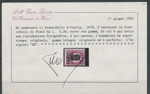 1878 Italien - Königreich, Nr. 32 - 2 Cent. auf 0,30 Lack, Service überdruckt, postfrisch** - Diena Zertifikat