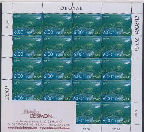 2001 EUROPA CEPT Färöer 2 Miniblätter Wasser MNH