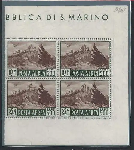 1951 SAN MARINO Ansicht PA 97 Lire 500 bruno MNH ** Signatur Caffaz QUARTINA