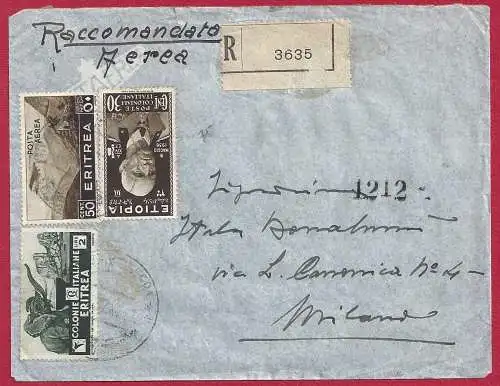 1937 ERITREA, Frankierter Brief, PA Nr. 18-23 Äthiopien Nr. 1-4