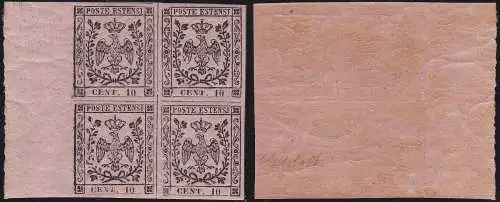 1852 MODENA, Nr. 2 10 Cent. rosa QUARTINA BLATTRAND POSTFRISCH / ** Cert. Bolaffi