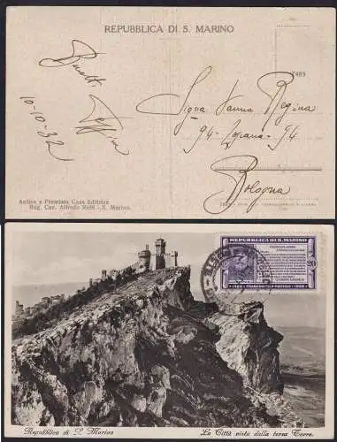 1932 San Marino, Nr. 169 auf Postkarte nach Bologna vom 10.10.32