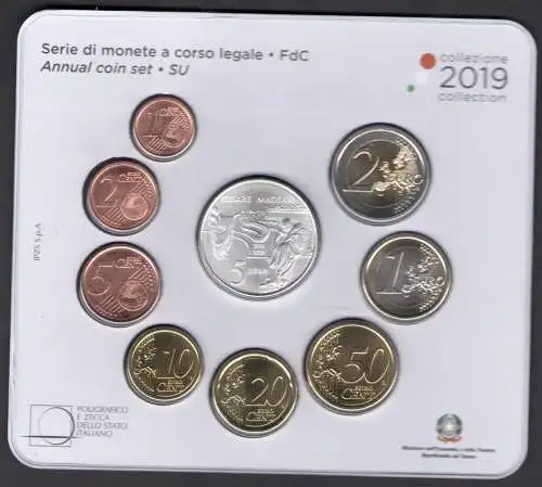 2019 Italien, Italienische Republik, Serie gesetzlicher Münzen, Cesare Maccari, 9 Werte - FDC