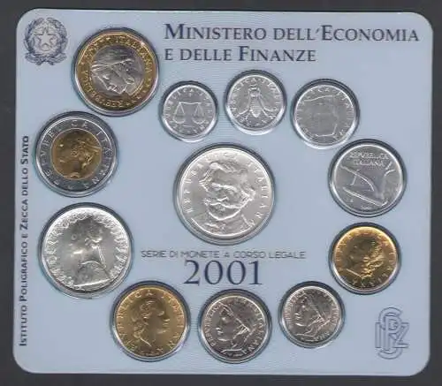 2001 Italien, gesetzliche Münzserie, 12 Werte - FDC