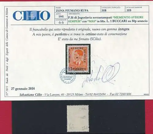 1941 FLUSSZONE KUPA, Memento Adere Semper L 1 Bukarist auf o,50 orange, Nr. 35B, MNH ** Zertifikat Cilio