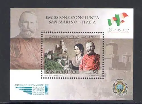 2011 San Marino - 150. Einheit Italien - Garibaldi Gemeinsame Ausgabe - 1 Bogen postfrisch **