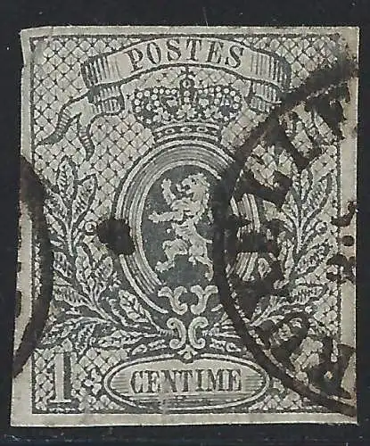 1866 Belgien - Nr. 22 1 Cent grau - ungezähnt - GEBRAUCHT DEFEKT