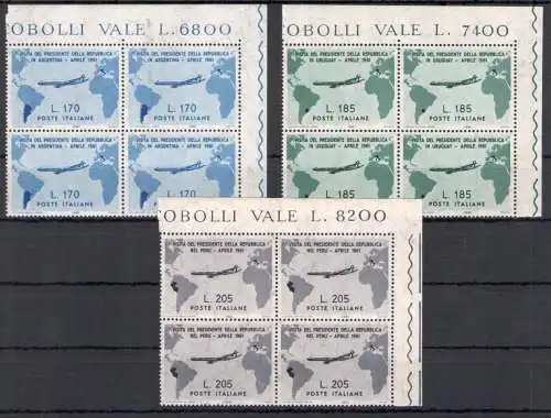 1961 Italien - Republik, Besuch von Präsident Gronchi in Südamerika, 3 Werte, Nr. 918/20, MNH** - Block mit vier Bogenwinkeln