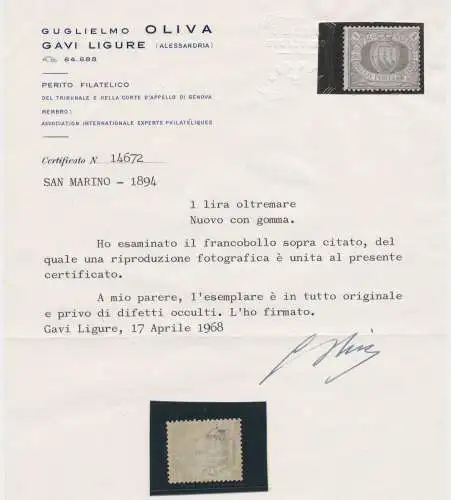 1894 SAN MARINO, Nr. 31 LIRA AZZURRA LINGUELLATA MLH * Cert. OLIVA