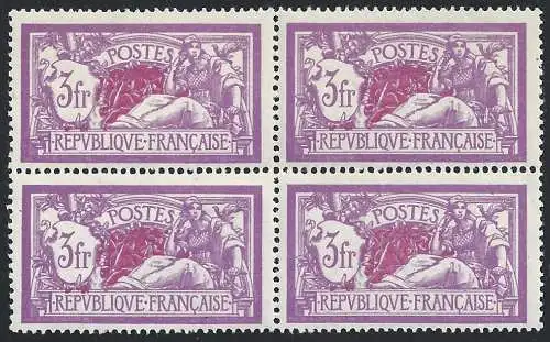 1927 FRANKREICH - Nr. 280 3 Francs lila und karmin **(3) / MH(1) QUARTINA