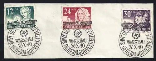 1940 POLEN Generalgouvernement - Nr. 72-74, 3 Werte auf Fragment, Annullierung Erster Ausgabetag - cancelled first day cover