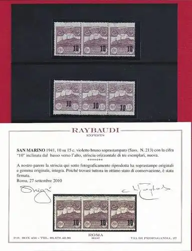 1941 SAN MARINO, Nr. 213b Streifen von drei MNH/** SORTEN Cert. Raybaudi