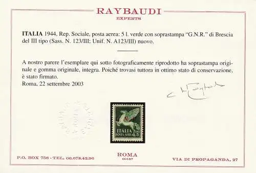 1943 Italienische Sozialrepublik, GNR Luftpost Nr. 123/III Brescia VOLLGUMMI Raybaudi zertifiziert