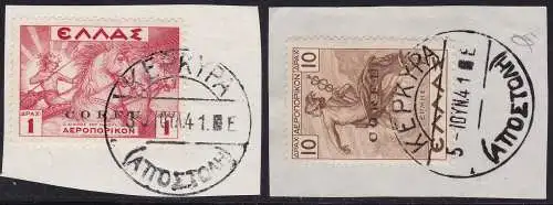 1941 Korfu Italienische Militärbesetzung, PA 3+7 2 gebrauchte Werte auf Fragment