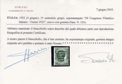 1922 Königreich Italien, Italienischer Philatelistischer Kongress, Nr. 124 15 Cent. grau MNH/** Zertifikat Sorani CENTRATO