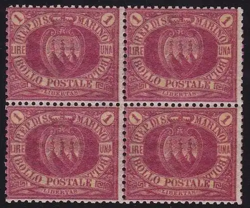 1892 SAN MARINO, Nr. 20 Rote Lira QUARTINA Große Rarität, Zert. RAYBAUDI ORO