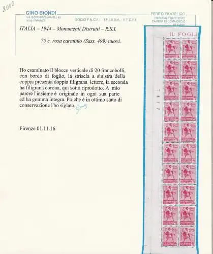 1944 Italienische Sozialrepublik, Nr. 499 Block mit doppelten filigranen Briefen Zertifikat Blond