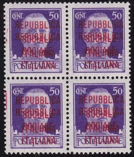 1944 ITALIENISCHE SOZIALE REPUBLIK, Nr. 493b 50c. violett MNH/** QUARTINA