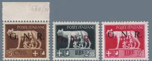 1943 Italienische Sozialrepublik, Nr. 470/A-485/A Drei-Werte-Serie mit VOLLGUMMI Raybaudi GOLD zertifiziert