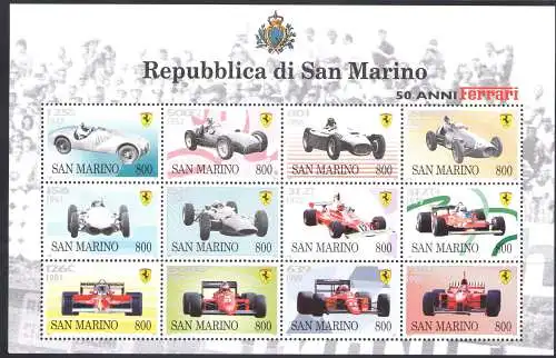 1998 San Marino 50 Jahre Ferrari Minifoglio mit 12 Werten postfrisch ** Bf 58