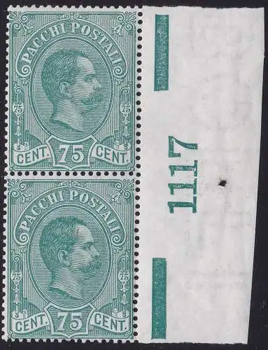 1884 Königreich Italien, Postpaket Nr. 4 Paar postfrisch ** mit Tafelnummer in der Mitte - RAR