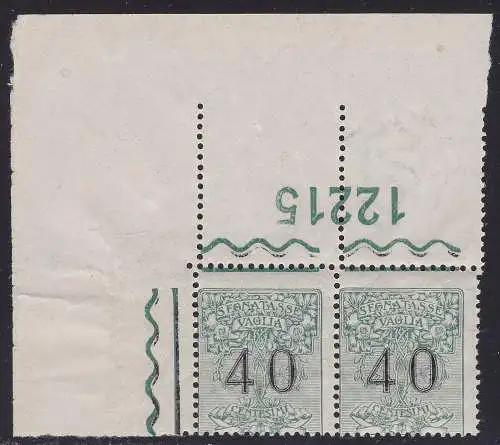 1924 Italien - Königreich, Steuermarken für Vaglia Nr. 2 MNH / ** SELTENES PAAR MIT TISCHNUMMER