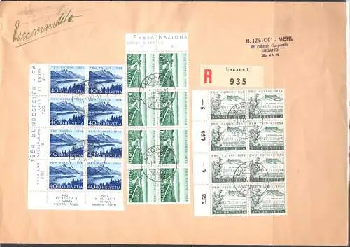 1954 SCHWEIZ, Pro Patria Zum. 66/70 Achterblock auf 2 großen Umschlägen