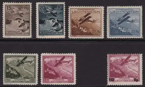 1930/35 LIECHTENSTEIN, PA 1/6 + PA 14 7 Werte MLH / * 1 Fr. in der Mitte oxidiert