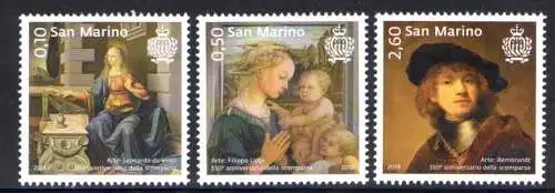 2019 San Marino Arte, Leonardo da Vinci, Filippo Lippi, Rembrandt 3 Werte postfrisch **