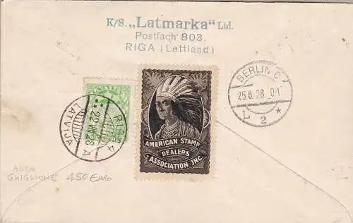 1928 LETTLAND, Luftpost Nr. 3/5 auf Umschlag von Riga nach Berlin