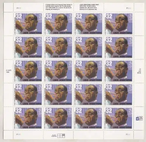 1995 USA, Nr. 2730 Louis Armstrong Bogen mit 20 Werten MNH **