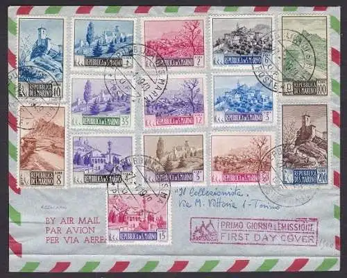 1949-50 SAN MARINO, Nr. 342-355, LANDSCHAFTEN 14 Werte auf Umschlag, FDC