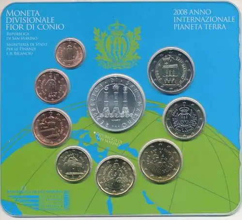 2008 San Marino, Divisionale, 9 Werte mit 5 Euro Silbermünze - FDC